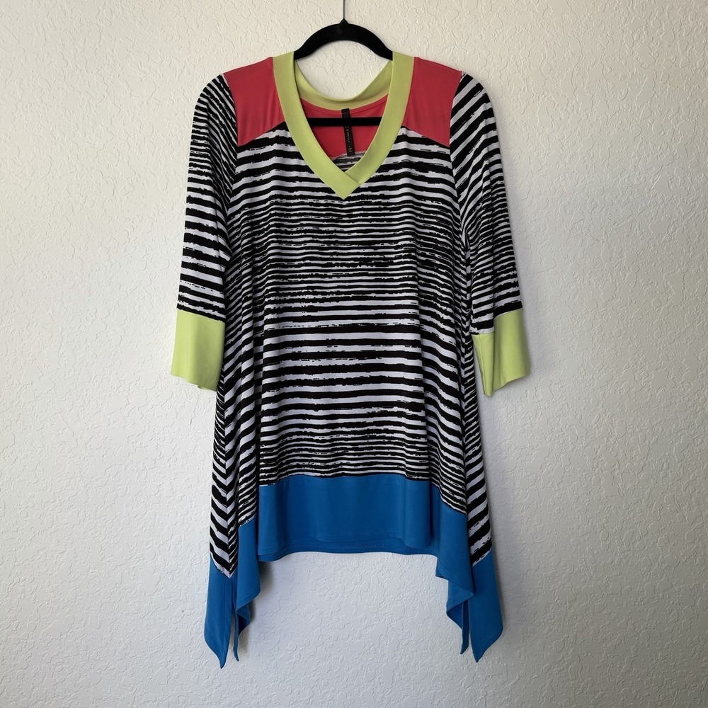IC By Connie K Tunic Top Size Large Colorful Artsy Shirt Swing Shark Bite V Neck